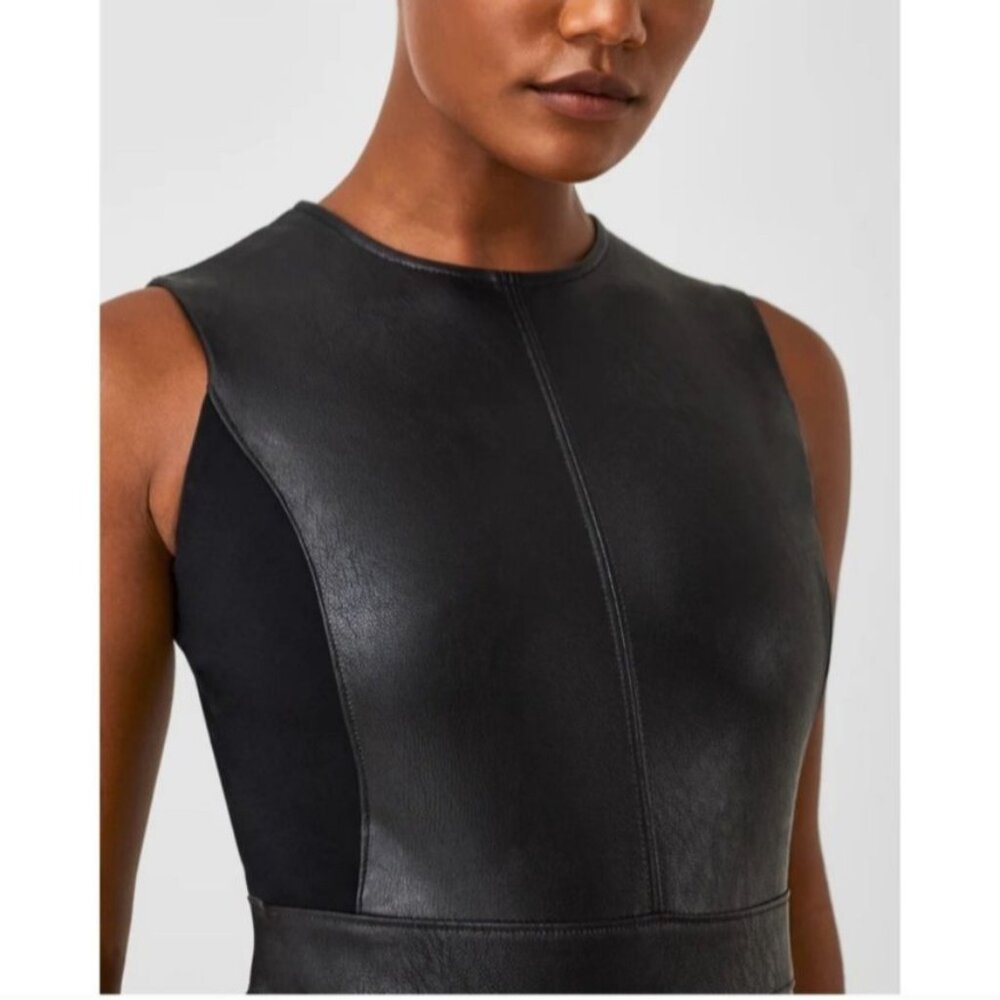 SPANX Dress Black Leather Like Combo Fitted M Delux Sheath Sleeveless 2039 - Picture 4 of 16